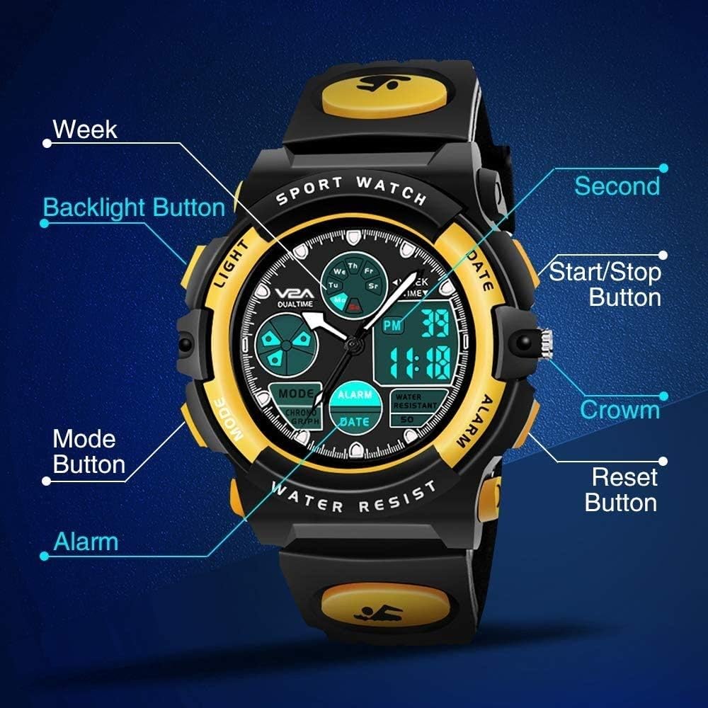 V2A Nova Pro Kids Watch for Boys Age 8β14 | 44mm Analog Digital Sports Watch | Alarm Stopwatch Backlight | TPU Strap | 30M Water Resistant | School & Birthday Gift | Gift for Boy 3