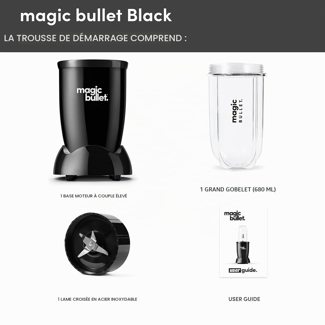 nutribullet Magic Bullet Kit de démarrage noir – Robot culinaire et mélangeur tout-en-un – Vitesse de 10 000 tr/min – avec base à couple élevé, tasse haute, couvercle rabattable et lame croisée