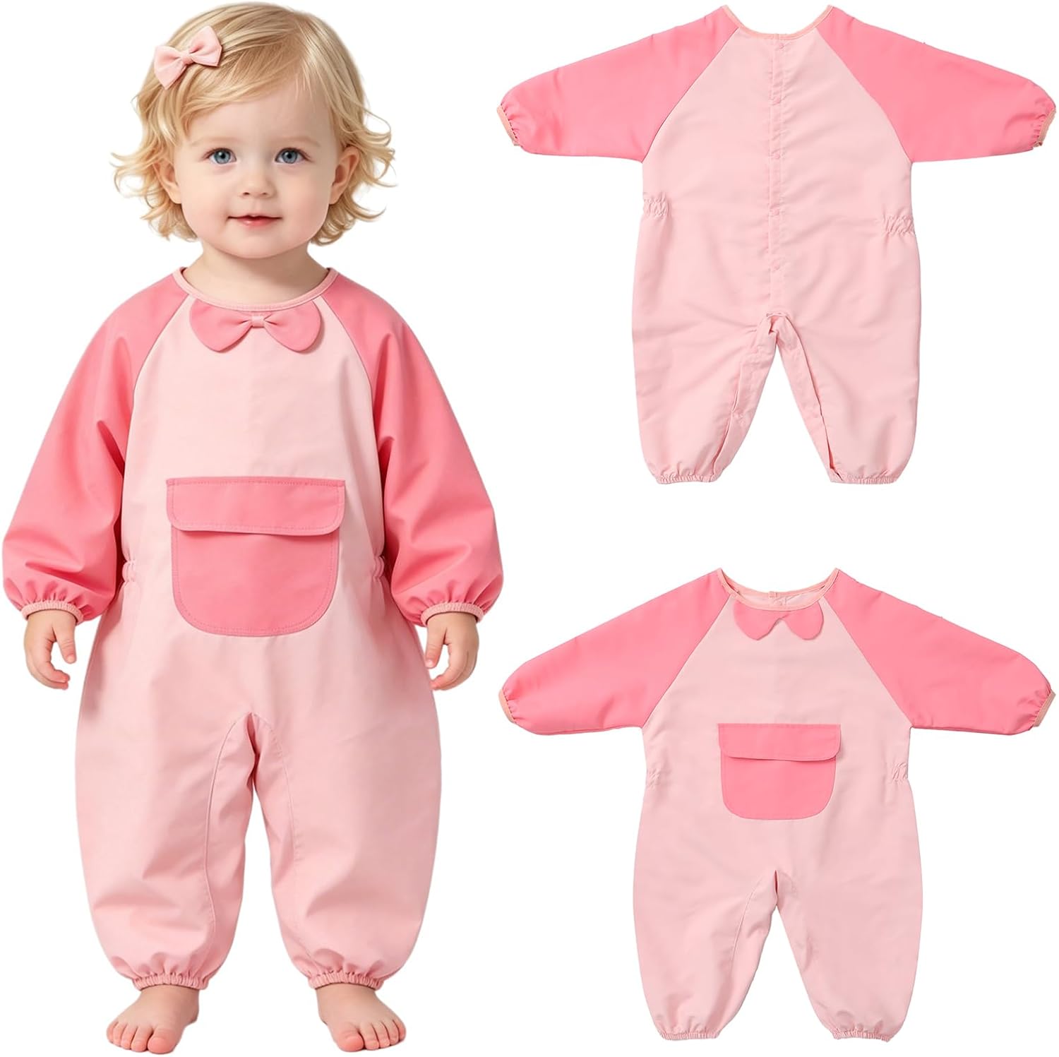 Boys Easy To Clean Playsuit Coveralls for Messy Play Pink 2-3 Years | Easy Diaper Change,with a Handy Front Pocket,Art Painting Smock Coveralls,Full Length Jumpsuit,One Piece Crawling Suit