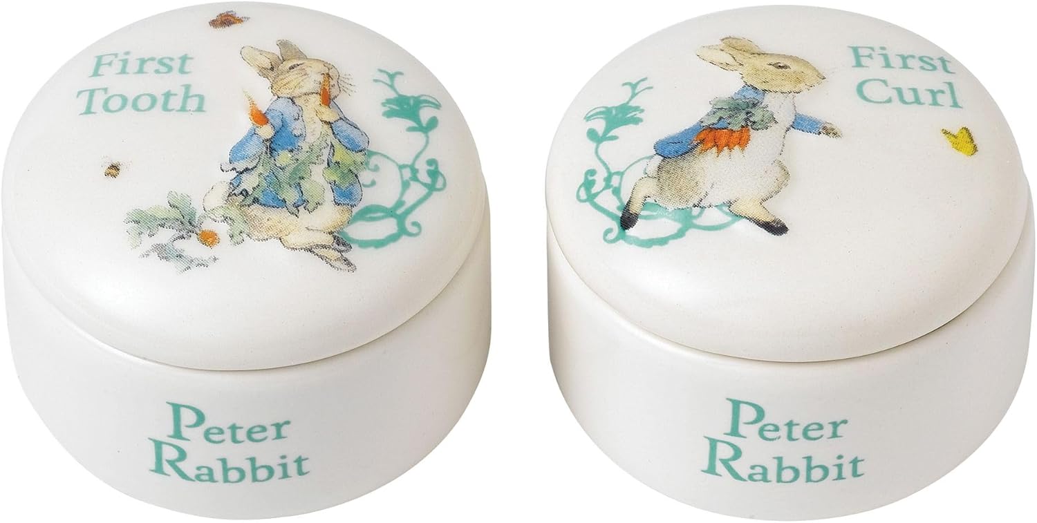 Enesco Beatrix Potter Peter Rabbit Tooth and Curl Boxes Baby Nursery Keepsake Set, 1.26 Inch, White (A25866)