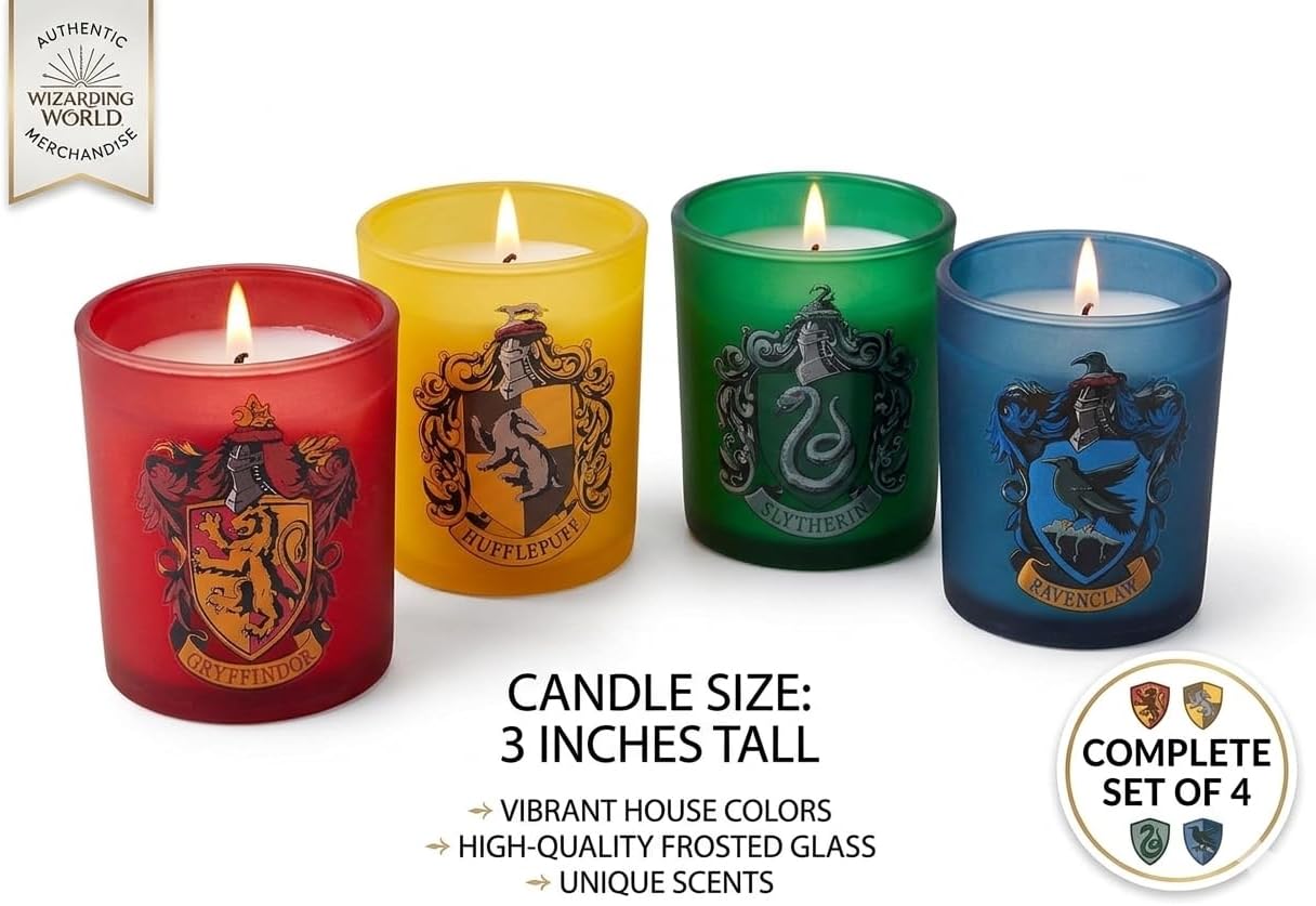 Harry Potter Candles Hogwarts House Crests - Gryffindor, Slytherin, Ravenclaw, Hufflepuff - Wizarding World Collectible Decor Gift for Teens and Adults - Set of 4, Unscented Wax 3oz Votive
