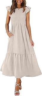 Women's Casual Maxi Dresses with Pockets Ruffle Sleeve Smocked Dress XS-2XL