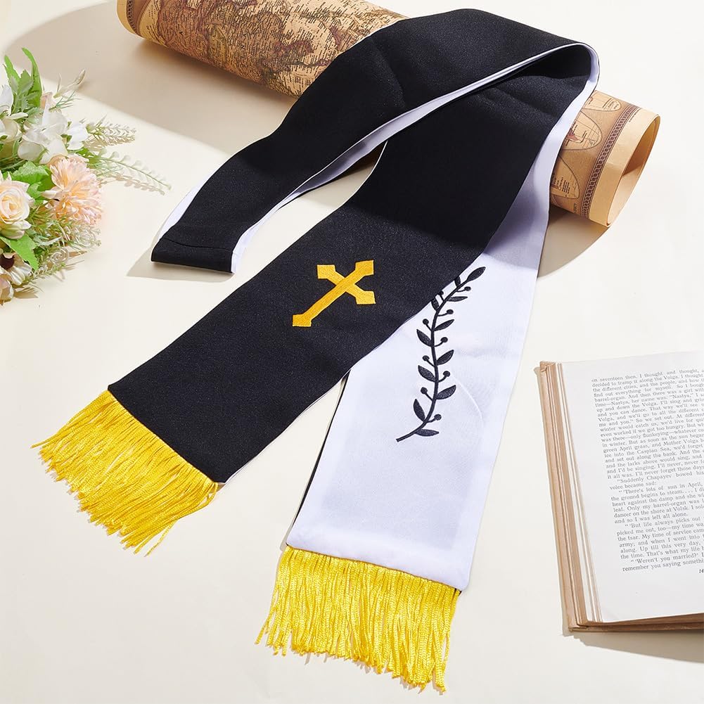 PLIGREAT Embroidered Reversible Stole with Cross, 74 Inch Pastor Shawl with Tassels Black Priest Stole for Wedding Church Men and Women