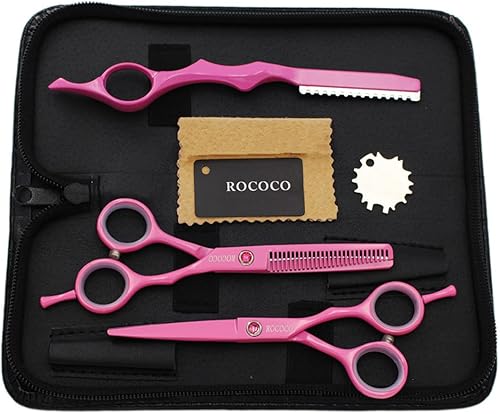 ROCOCO Tijeras profesionales de corte de pelo rosa de 55 pulgadas y tijeras de adelgazamiento del cabello con maquinilla de afeitar para peluquería