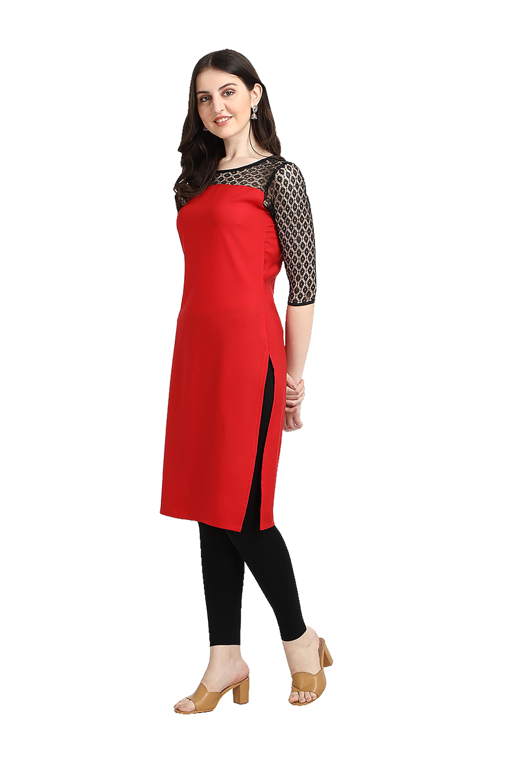 Dream Beauty Fashion Women's Crepe Poly Net Round Neck Casual Straight Kurti (Bahubali 01-Red-XL) 1