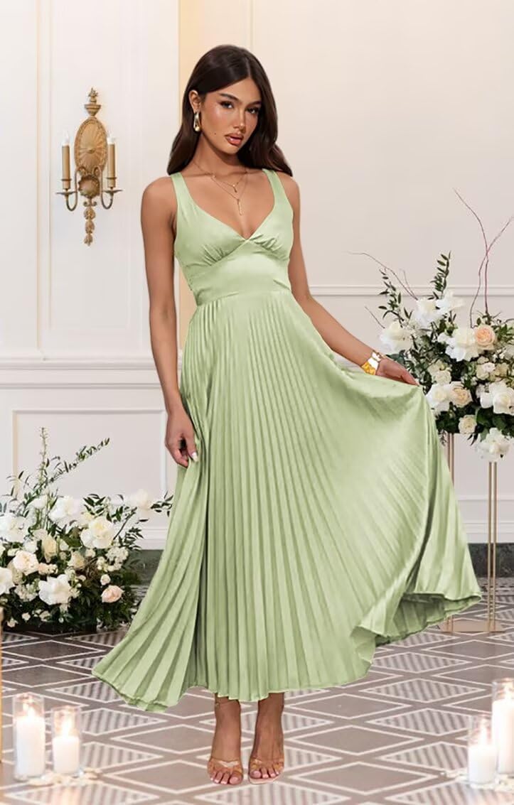 Pleated Satin Bridesmaid Dress V-Neck Backless Maxi Dresses for Women QAN003 - Image 5