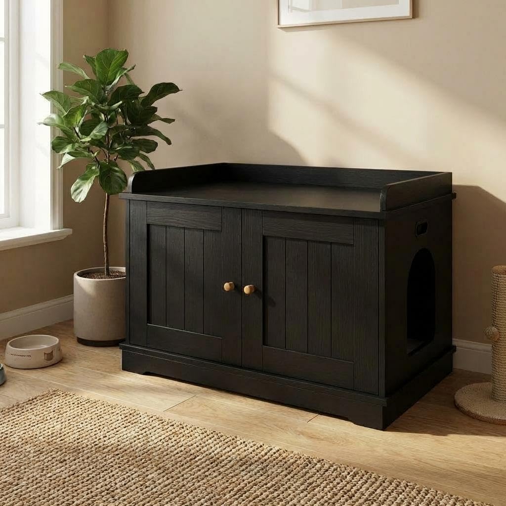 Modern Cat Litter Box Enclosure Furniture – Hidden Wooden Litter Box Cabinet with Double Doors & Barn Door – Indoor Cat Washroom End Table – Dog Proof Pet House – Fits Most Litter Boxes