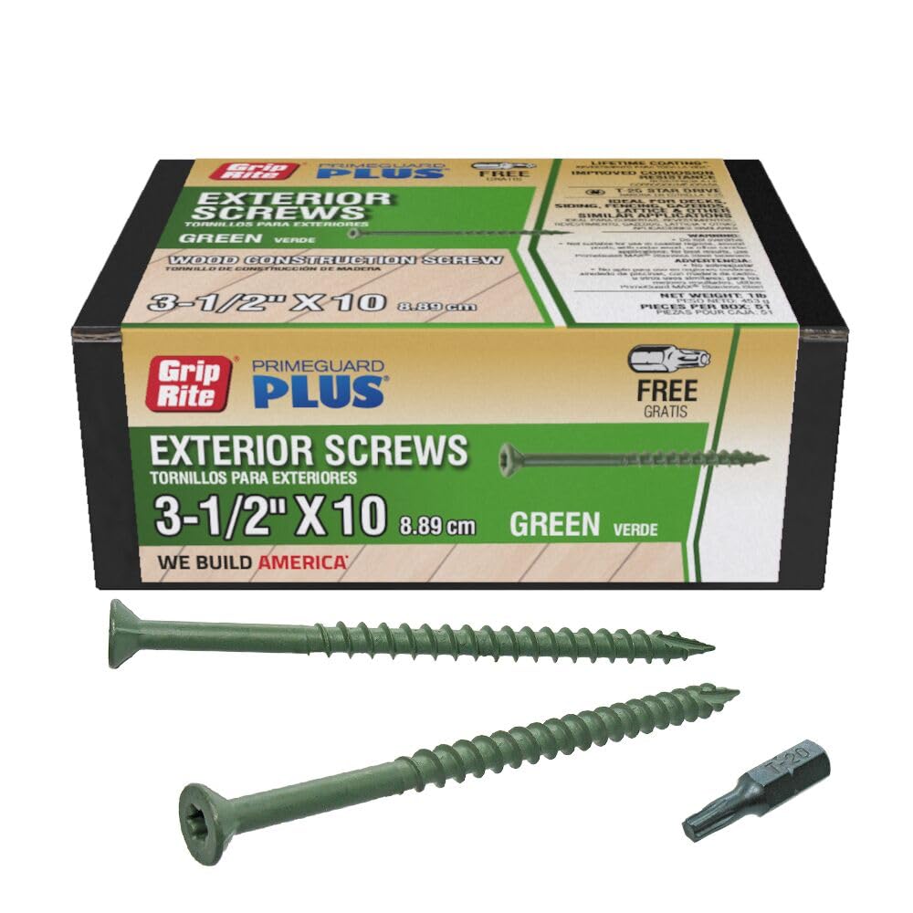 Grip-Rite L312ST1 PrimeGuard Plus #10 x 3-1/2" Wood to Wood Deck Screw, Green, 1lb Box