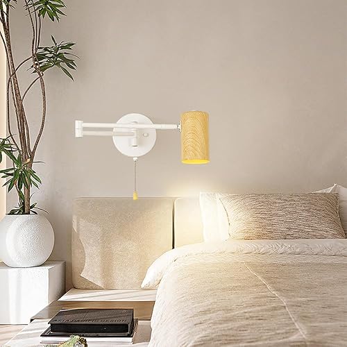 Miniatura 2 de Vintage Adjustable Iron Wall Sconce Swivel Arm Pull Chain Switch Wall Lamp for Living Room Bedroom Home Office(White)