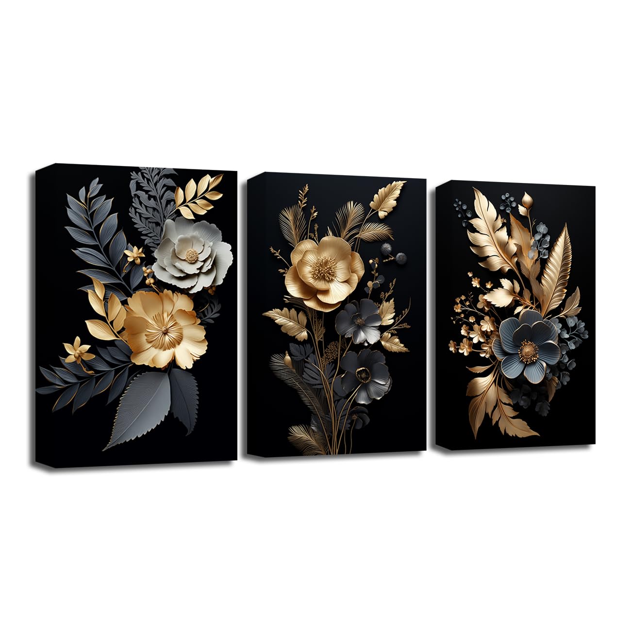 CXHOSTENT Black and Gold Flowers Wall Art 3 Pieces Golden Floral and Leaves Canvas Prints Abstract Plant Flower Paintings For Home Decor Framed (Floral-2, 50.00 x 70.00 cms x 3PCS) โ image 1