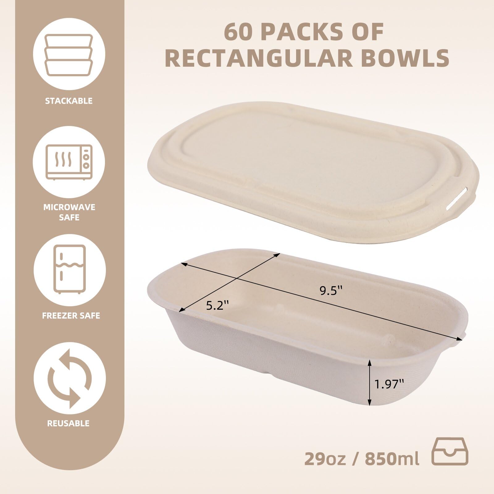 60Pcs(29oz) Disposable Meal Prep Lunch Food Takeout Salads Sandwiches Bowls Containers with Lids,Compostable Biodegradable to go Food Microwavable Freezer Safe Containers for Party Camp out.