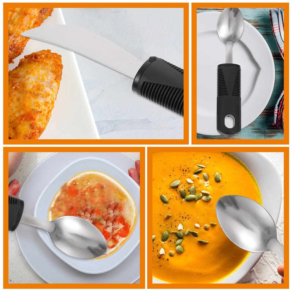 Kichvoe Set de 6 Cubiertos Adaptables para Personas Mayores Diseño Antideslizante y Mango de Acero Inoxidable y Goma, Utensilios Portátiles para Pacientes Temblor