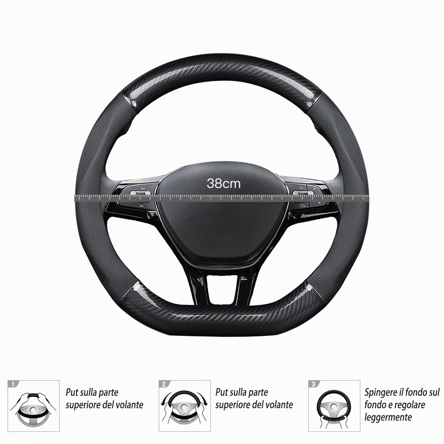 Ergocar Coprivolante per Auto Antiscivolo Protezione per Volante Auto D-Forma Fibra di Carbonio & Pelle PU Universale per Diametro 38 Cm (15 ") (Nero)
