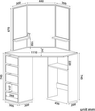 Corner Dressing Table Set with 3 Angle Mirrors and LED Lights, Vanity Table with Adjustable Brightness, White Corner Desk with Stool, Makeup Desk with Drawers, 78.5x78.5x141.5cm