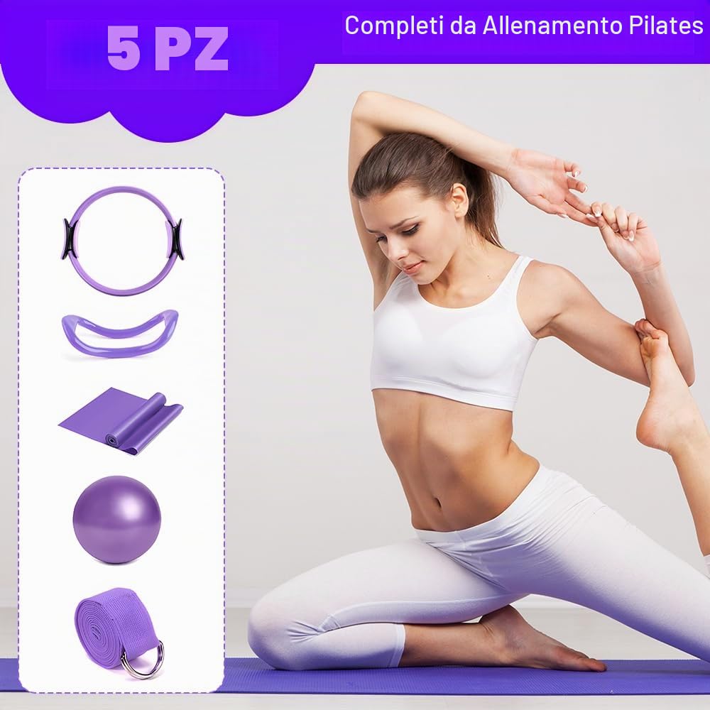 Pilates Essentials Kit, Kit Pilates Completo, Fitness Ring per Esercizi Interni della, Set da Pilates Cerchio Pilates con Palla Yoga (Viola Chiaro)