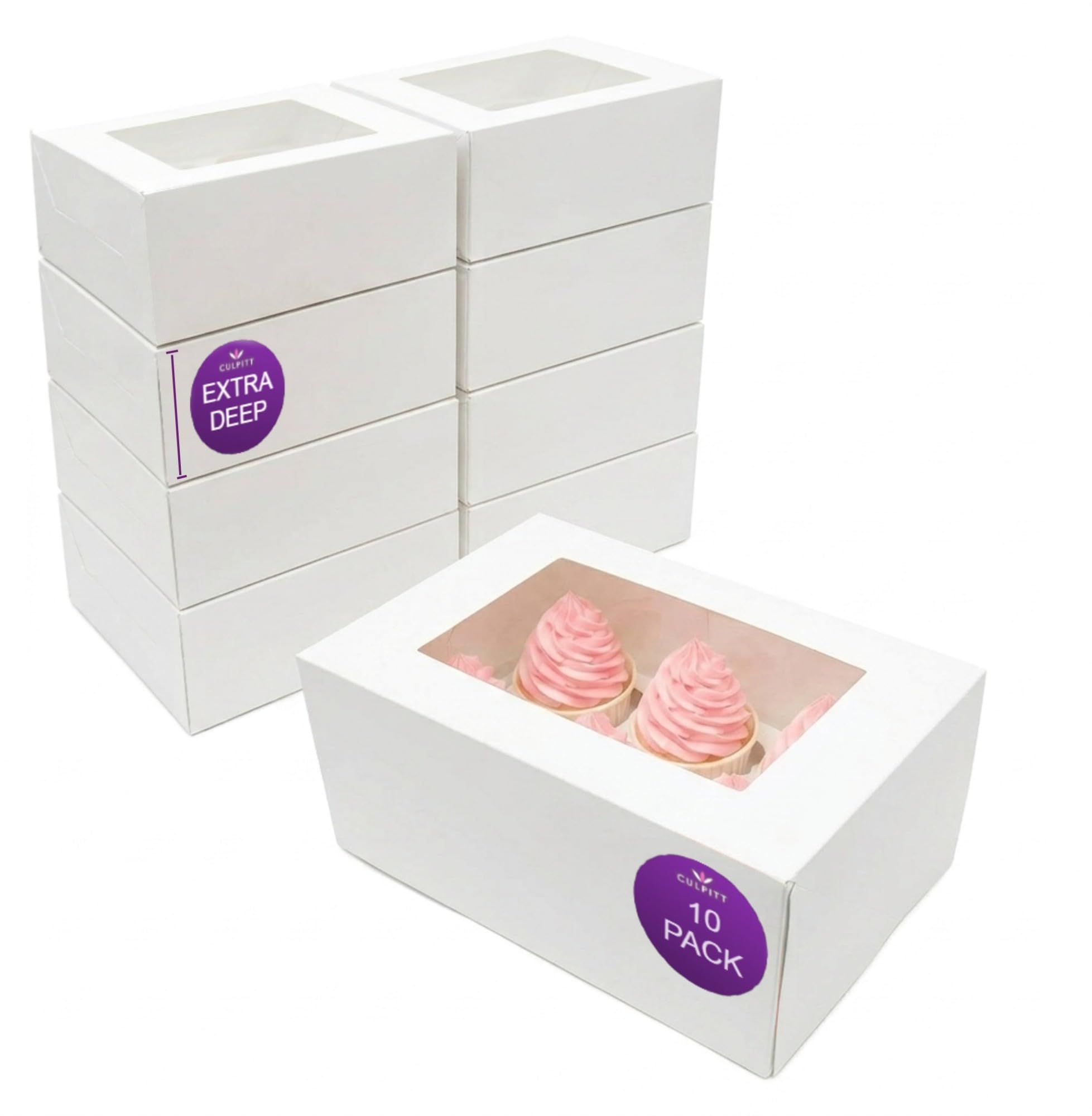 Culpitt 6 Hole Cupcake Boxes with Window | 10 Pack | Extra Tall, White