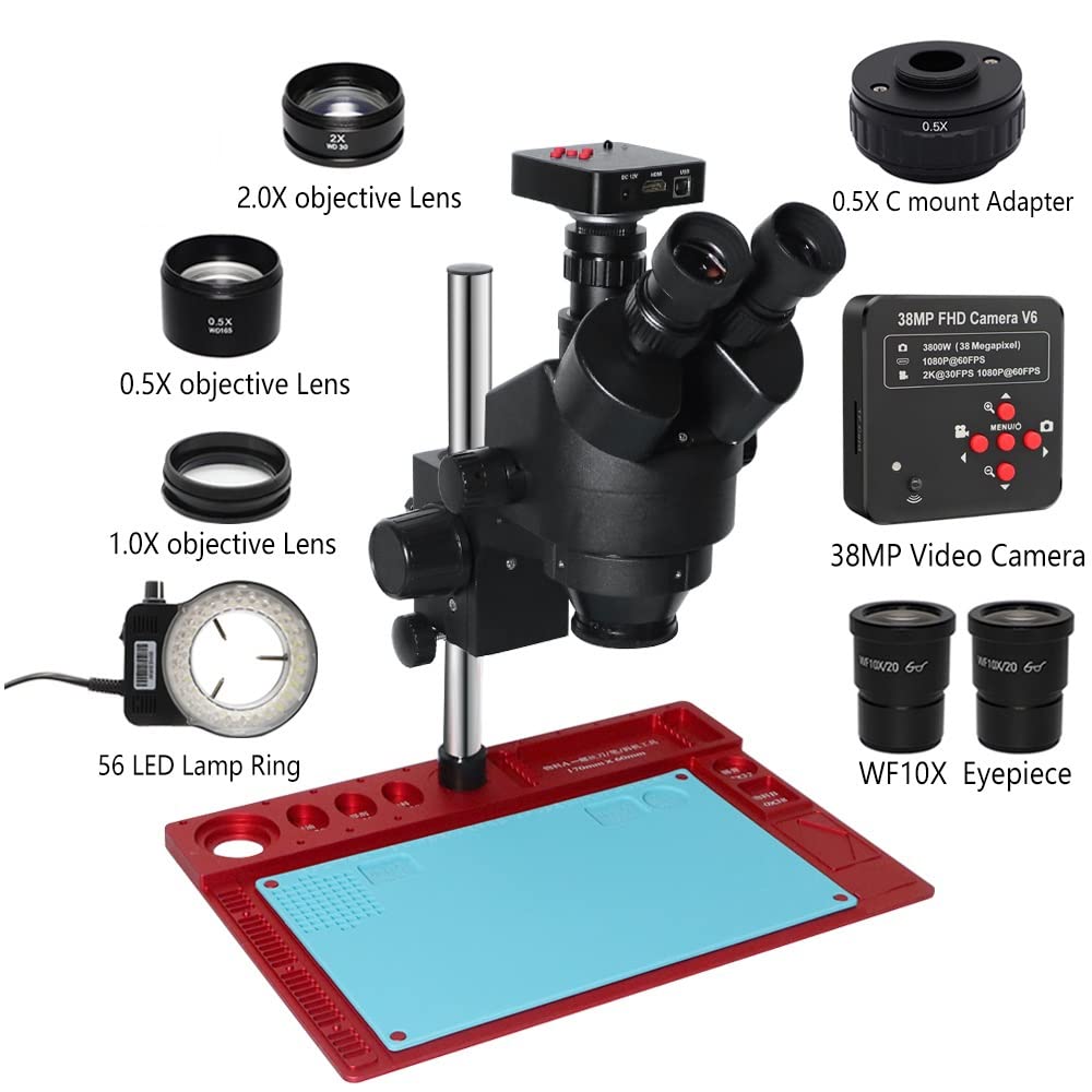 Microscope 3.5X-90X Trinocular Industry Microscopio Zoom Magnification Circuit Inspection Stereo Microscope with 56 LED Light C-Mount Lens(38MP 0.5X C Mount)