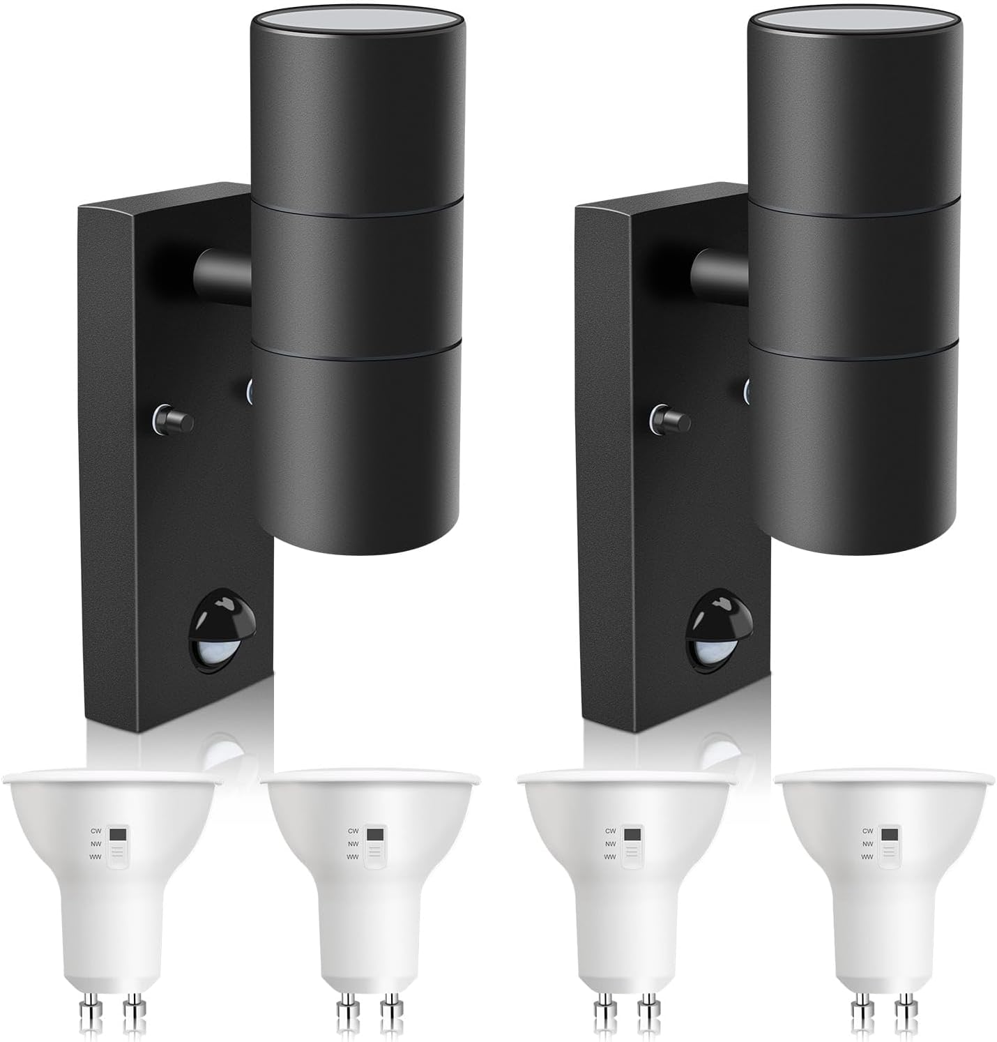 ALUSSO LIGHTING 2 Pack Up Down LED Wall Light PIR Motion Sensor 8W 750LM Stainless Steel Lamp, incl. 4X GU10 Bulbs 3000K 4000K 6000K Adjustable, Outdoor Security Light IP65 Waterproof Porch, Black