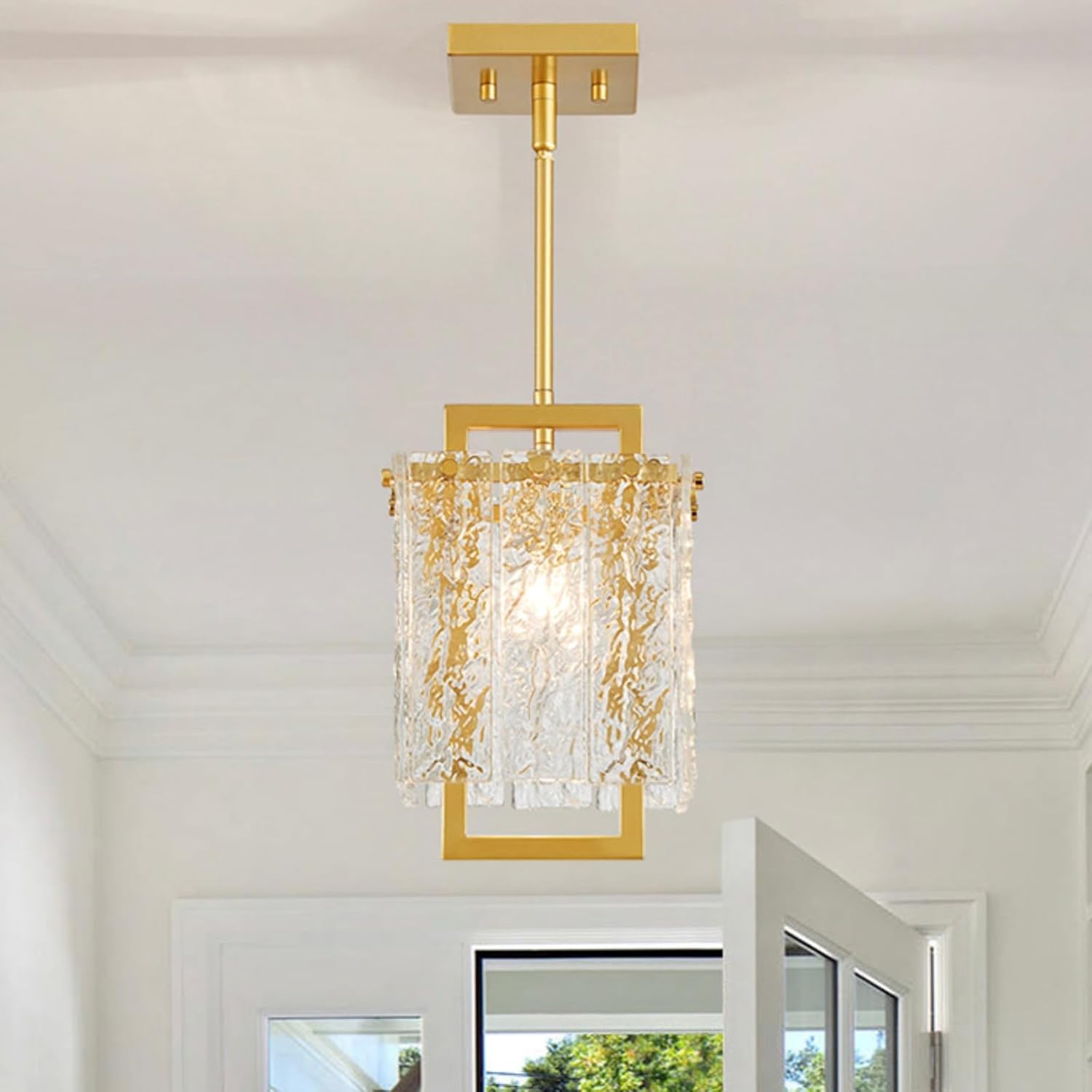 Shrine Lighting Gold Chandeliers, Modern Glass Pendnat Light for Dining Room, D6.3''×H19.5'', Adjustable 50.8'', 1 x E12 Sockets, Glass LampShade & Gold Finish Frame Gold D6.3''