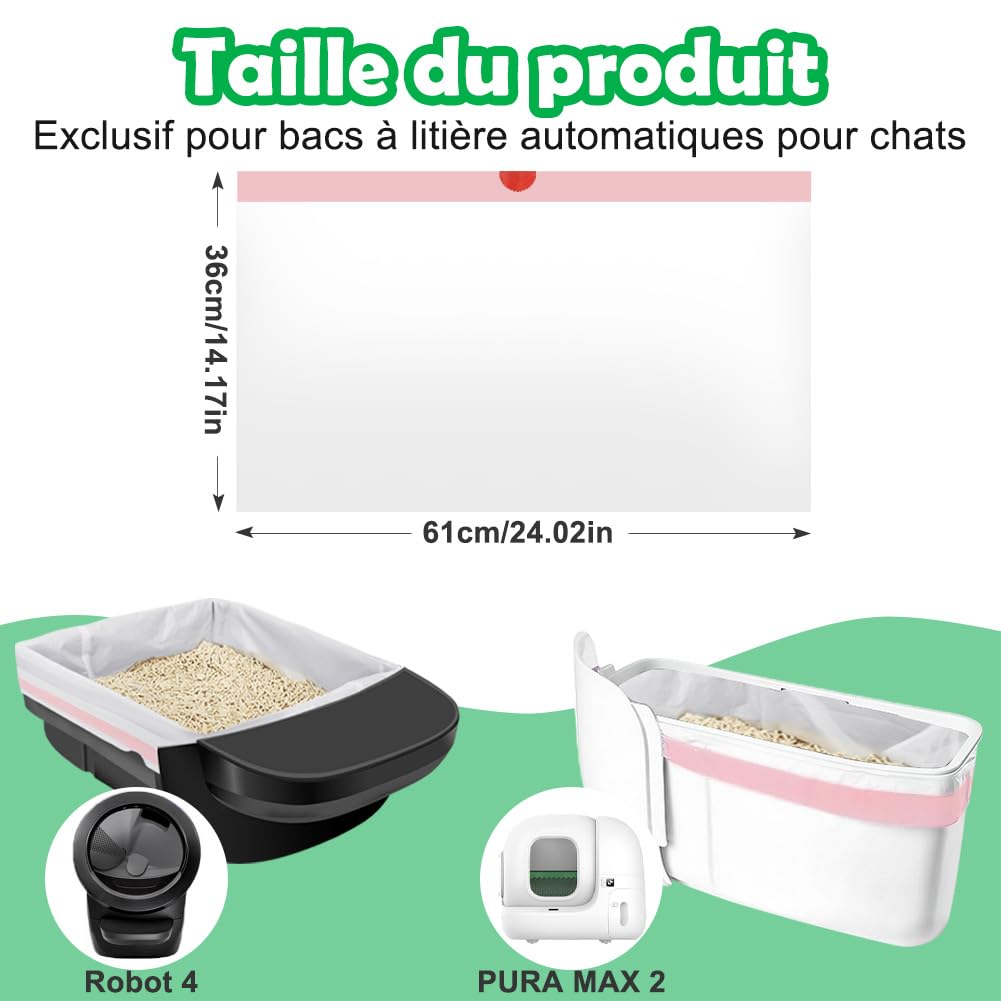SZEE 120 Sacs pour Litière Chat Autonettoyants, Sacs Poubelles pour Litiere avec Cordons de Serrage, Housses pour Litière Compatible Litter Box 3/4, Résistants aux Griffes pour Chat, 61 x 36 cm