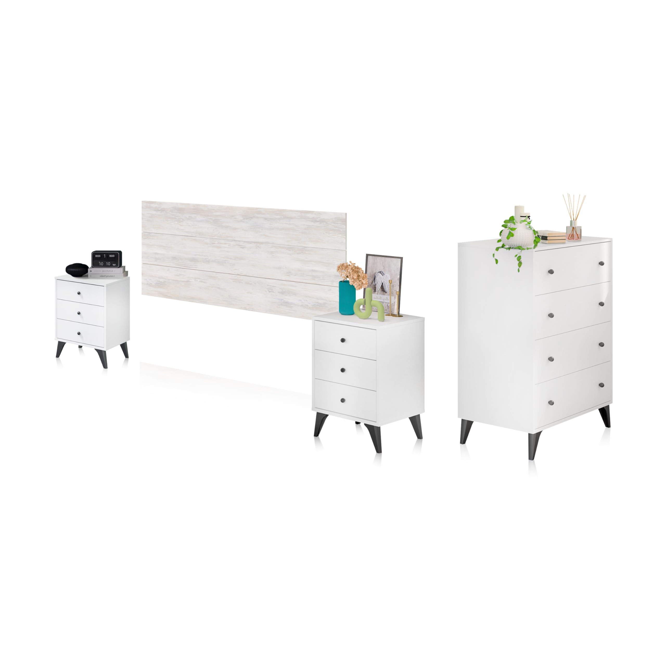 duehome | Pack de Dormitorio con Cabecero + 2 mesitas de Noche y Comoda, Conjunto de Dormitorio, Modelo Iconic 4c, Acabado en Blanco Artik, Blanco Velho y Negro