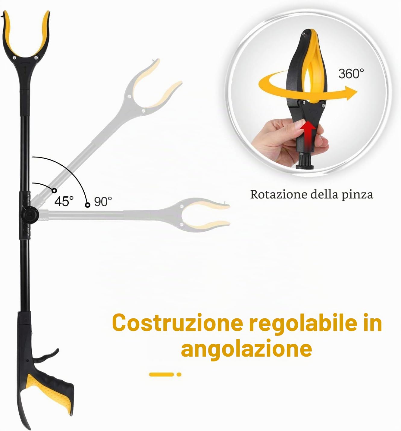 Jellas Pinza Telescopica, 80 cm Pinza Telescopica Pieghevole, Pinza Prensile, Raccoglitore di Immondizia, Pinza Morsetto in Gomma (Giallo)