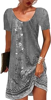 GRMLRPT Women's Short Sleeve Round Neck Dress Bohemian Flowers Summer Dresses Mini Dress Floral Print Loose Tunic Casual Dress (Multicoloured, S)