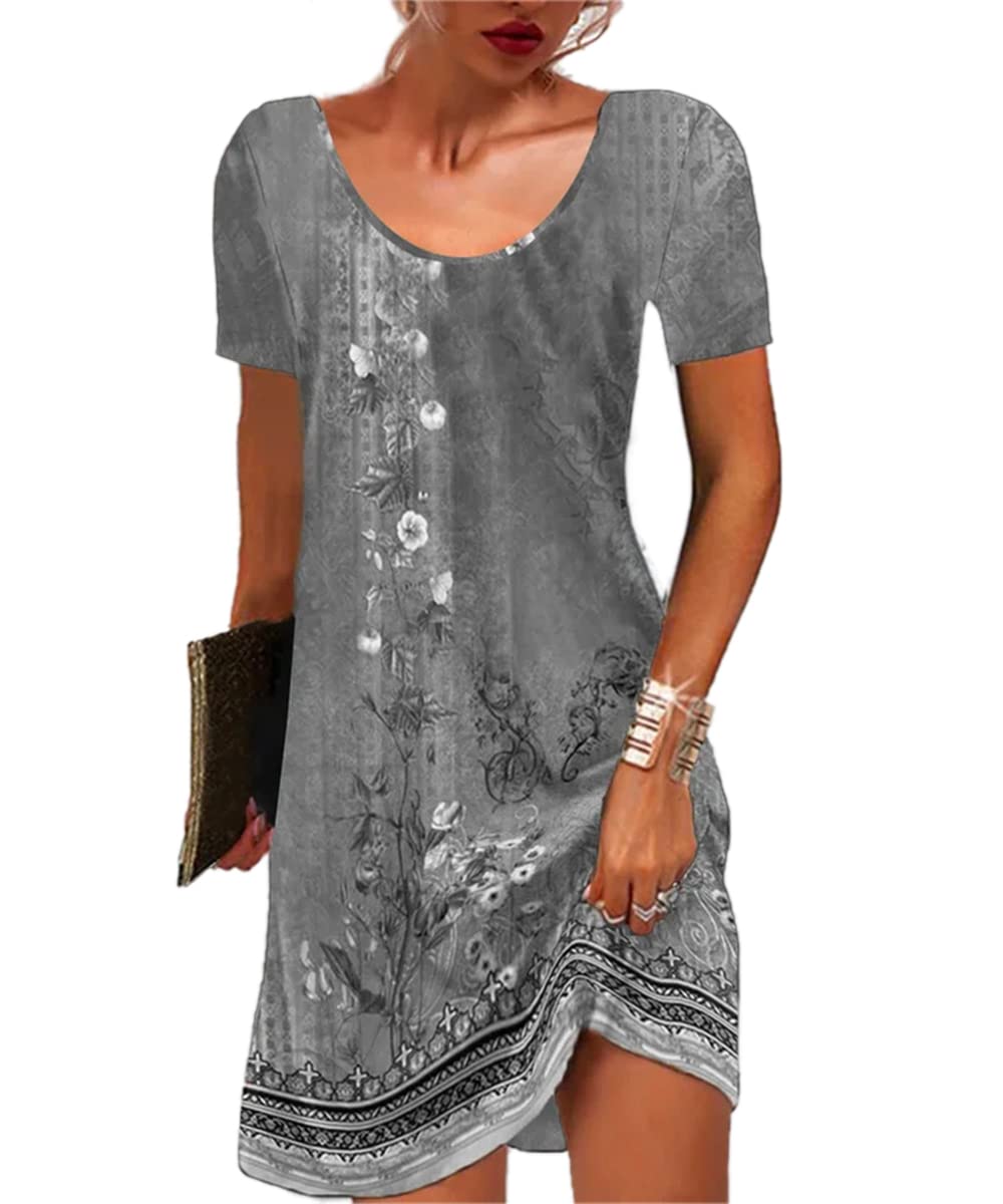 GRMLRPT Mujeres de Manga Corta Cuello Redondo Vestido Bohemio Floral Verano Vestidos Mini Vestido Floral Imprimir Suelta Túnica Vestido Casual(C,S-XXL)