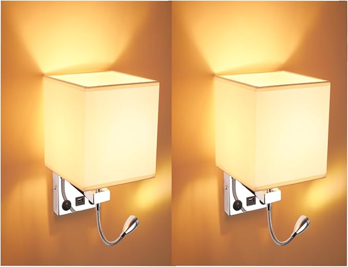 ZONJIE 2 stuks wandlamp met USB en Swing Arm LED Spotlight, met aan/uit tuimelschakelaar, wandlamp met roestvrijstalen opbergbak en knopschakelaar, E27-houder, wandkandelaars woonkamer slaapkamer