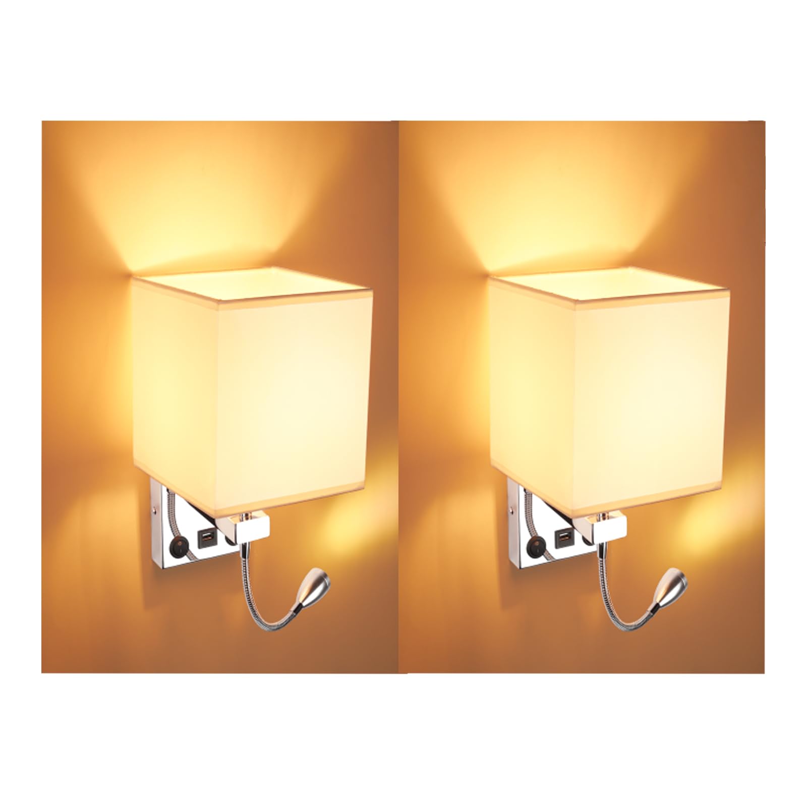 Luz de la Mesilla de Noche, Lámpara de Pared de Lectura LED Lámpara de Pared Moderna Dormitoriocon Foco de Cuello de Cisne Ajustable, Interruptores Dobles, Con Puerto USB para Cargar E27 (Plateada X2)