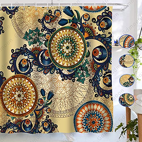 Gdmoon Boho Mandala Flower Shower Curtain Big Circle Paisley Pattern Retro Ethnic Tribal Floral Hippie Psychedelic Medallion Bright Colors Bathroom Curtain Set 72X72In #TOP3