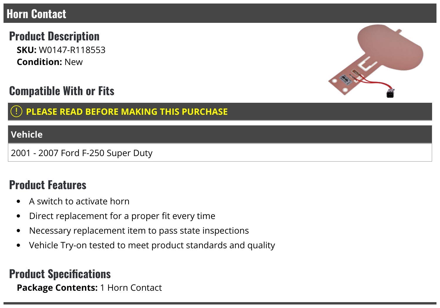 Horn Contact - Compatible with 2001-2007 Ford F-250 Super Duty