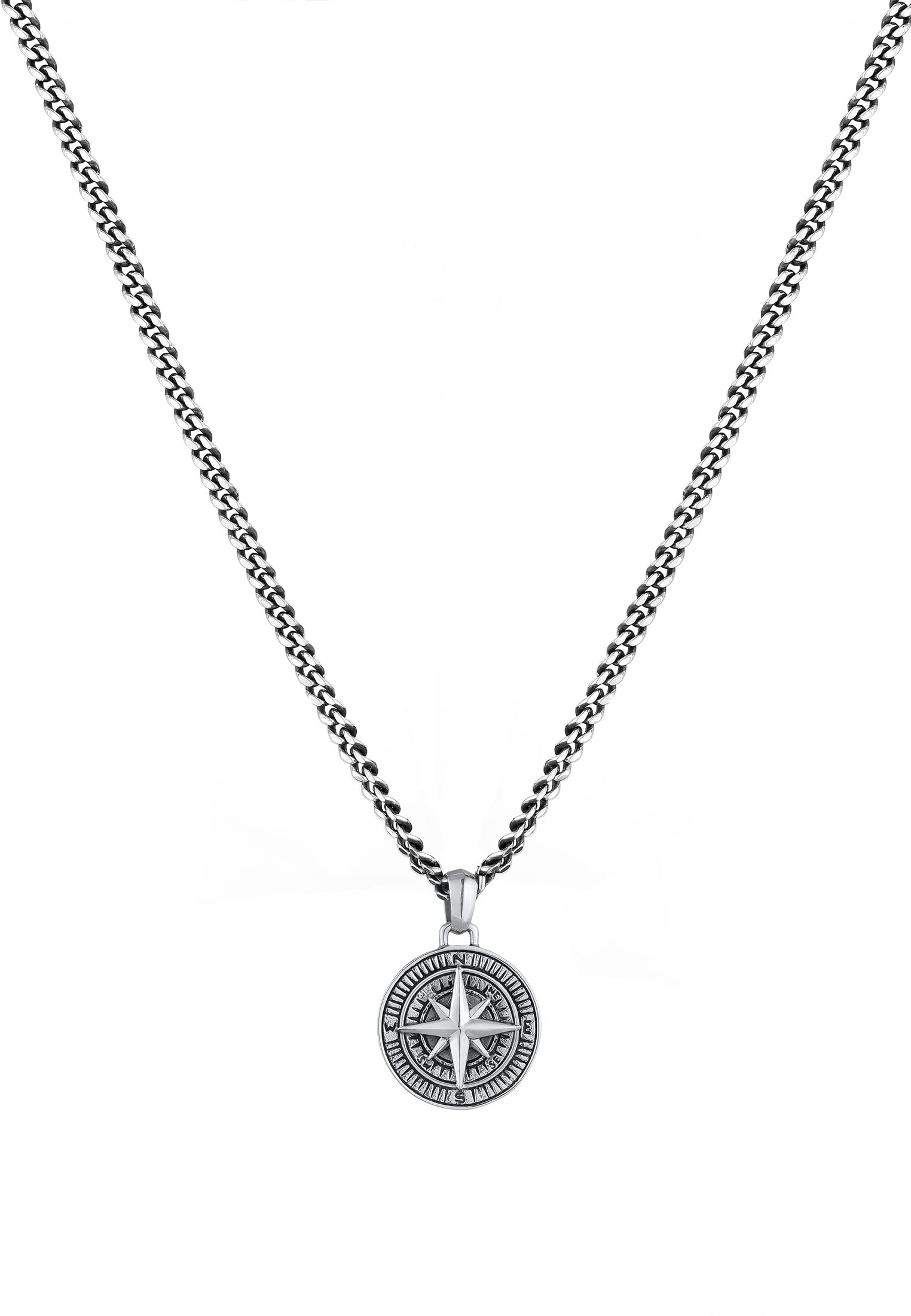 Kuzzoi Collar plata de ley 925 oxidada para hombre con colgante brújula 34 mm, longitud 50 cm | Longitud de la cadena de eslabones de 50 cm para hombre con colgante