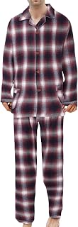 Duohropke Men's Checked Pyjama Set Shirt and Trousers Pyjamas with V-Neck Two-Piece Sleepwear Cotton Long Sleeve Buttons Sleep Shirt with Pocket Loungewear Pyjama Bottoms