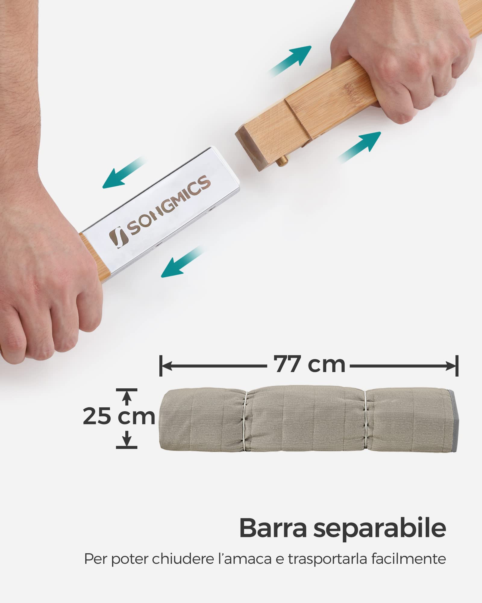 SONGMICS Amaca Doppia Imbottita da Campeggio Giardino con Barre Curve in Bambù, Cuscino, 200x140 cm, 225 kg, Grigio Beige GDC34CG