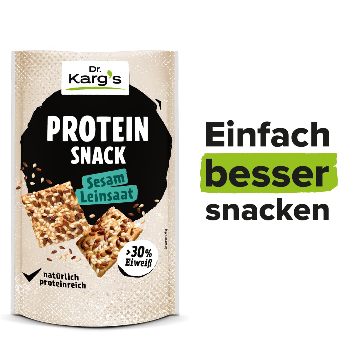 Dr. Karg’s Protein-Snack Sesam Leinsaat - knusprig, vegan, proteinreich, Snack mit mehr als 30% Eiweiß & weniger Kohlenhydraten sowie extra vielen Saaten, Proteinquelle, ohne Zusatzstoffe, 14x85g
