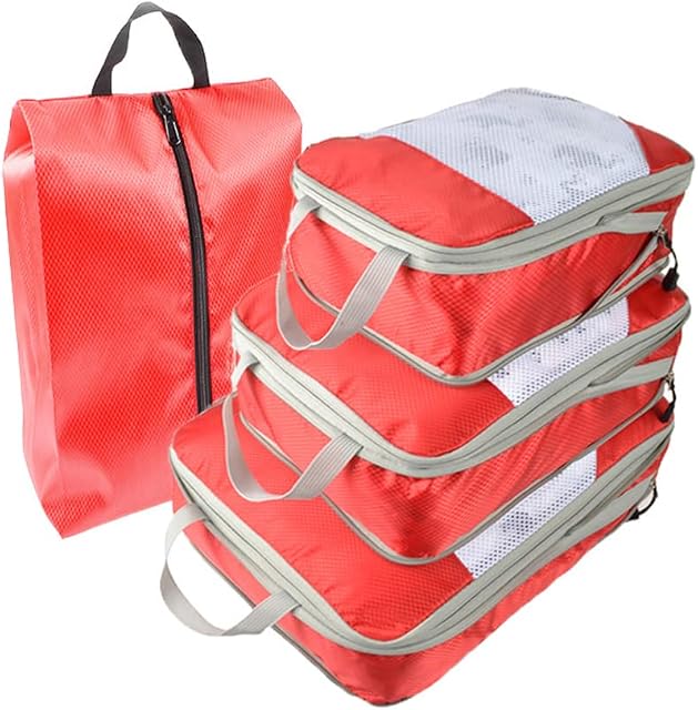 Travel Packing Cubes, Venkaite 4pcs/set Travel Storage Bag Set Compressible Folding Storage Bag Expandable Travel Packing Organizers Travel Essentials Bag for Clothes Shoes Storage (Red)