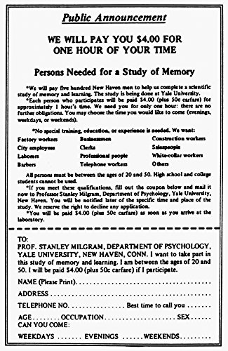 Image of Milgram Experiment 1963 Npublic Announcement Asking For Volunteers For A Memory Study Who Would Become The Subjects For His Experiment On Obedience To Authority 1963 Poster Print by (18 x 24)