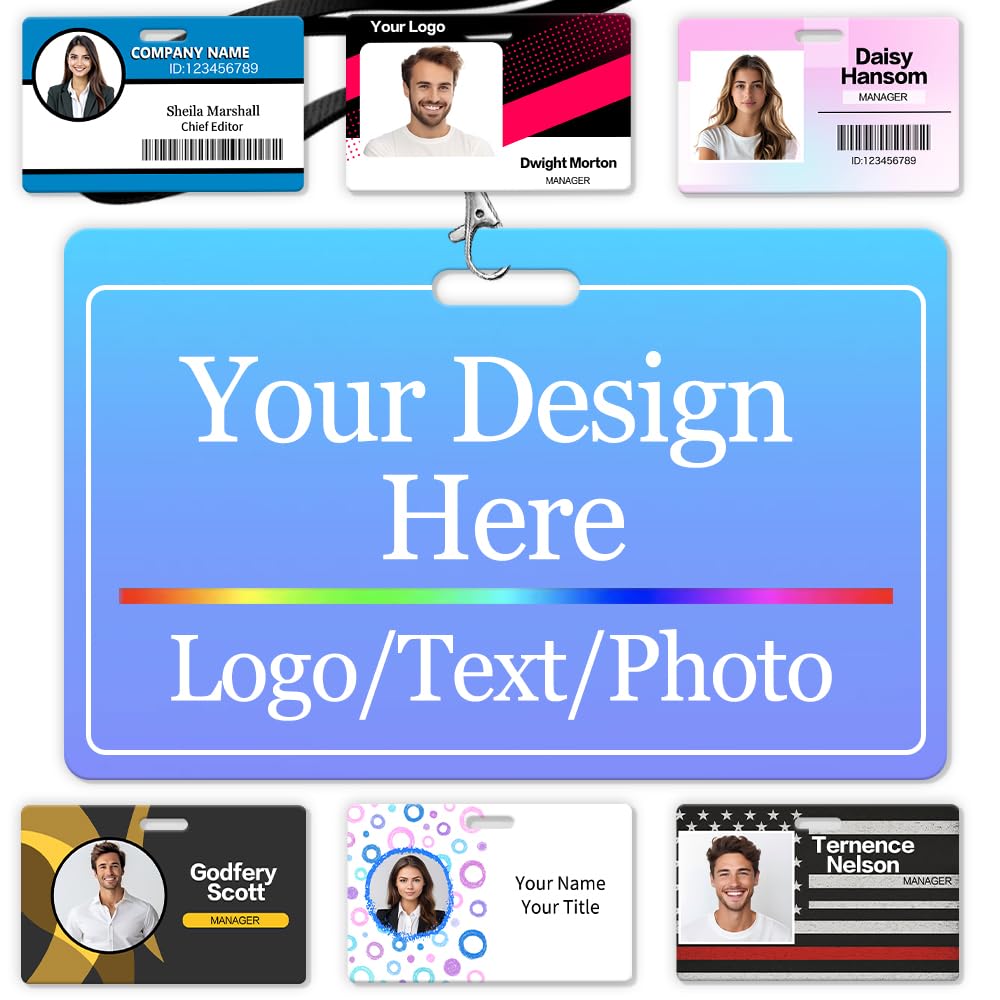 Custom ID Badge with Photo Logo Barcode Personalised Name Identification Badges Double Sided Print Employee ID Badge for Office Worker Doctor Nurse Student-Horizontal