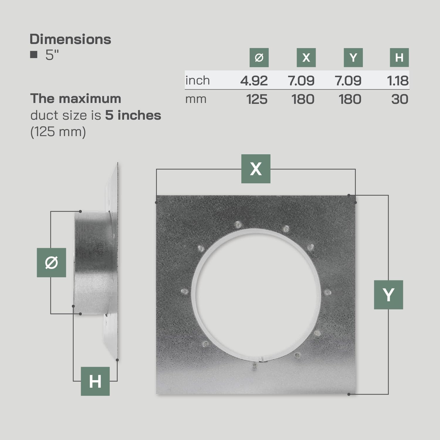 Vent Systems 5" Inch Duct Connector Flange with Square Spigot Wall Plate – Dryer Vent Adapter and Mounting Plate – Ideal for Seamless HVAC Ductwork Connections, Exhaust Fans, and Airflow Management