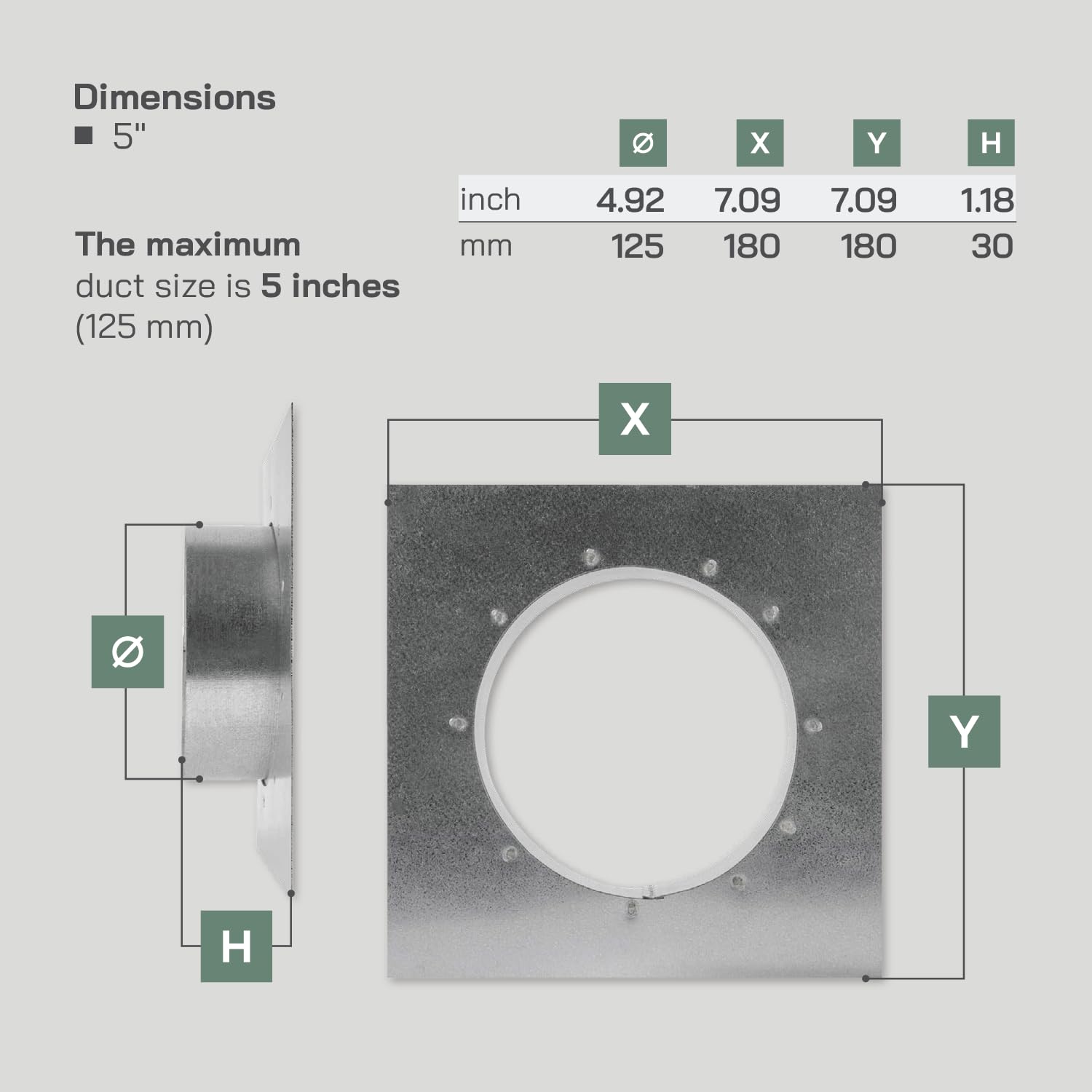 Vent Systems 125 mm Kanal Anschlussflansch mit quadratischer Zapfen-Wandplatte – Trockner Entlüftungsadapter und Montageplatte – ideal für nahtlose HVAC-Kanal-Verbindungen, Abluftventilatoren