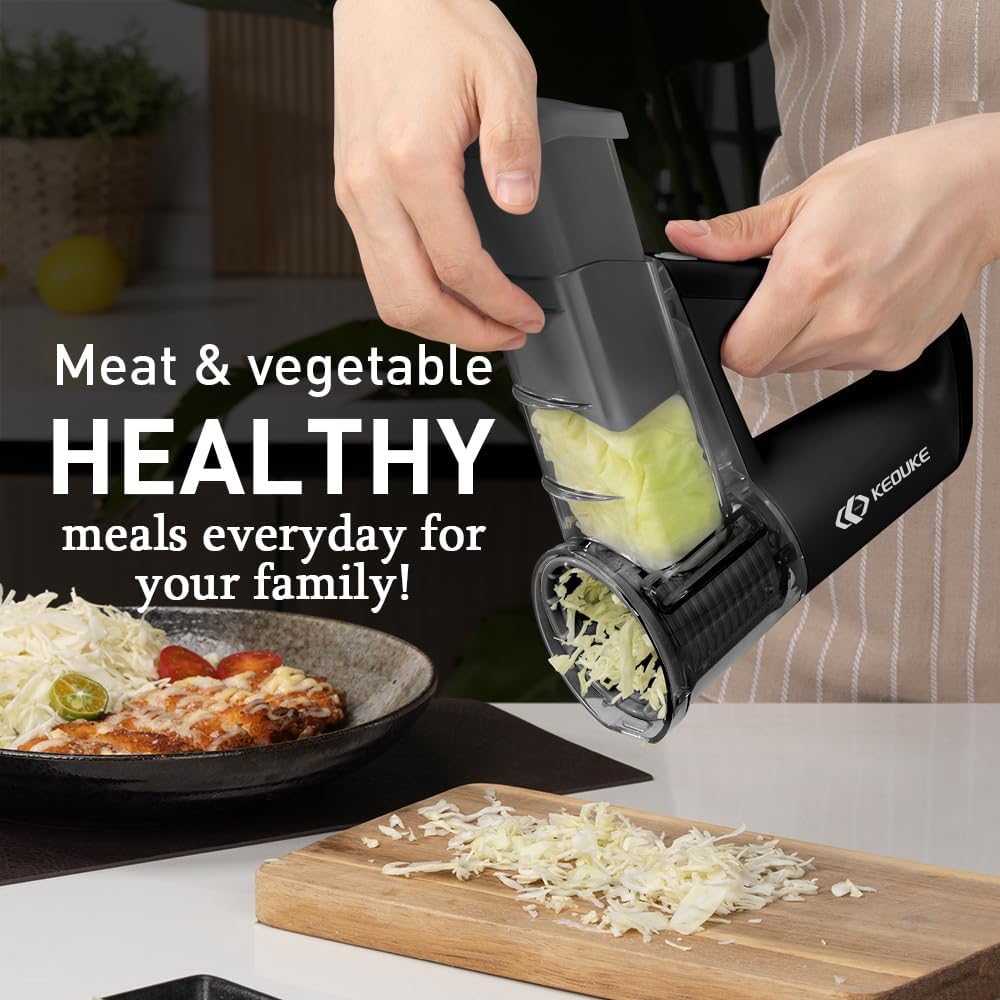 4 in 1 Electric Salad Shooter Vegetable Fruit Slicer/Shredder Smoothie Ice Shaving Cordless Handheld Machine with 4 Blades 2 300ML Measuring Storage Cups (BLACK)