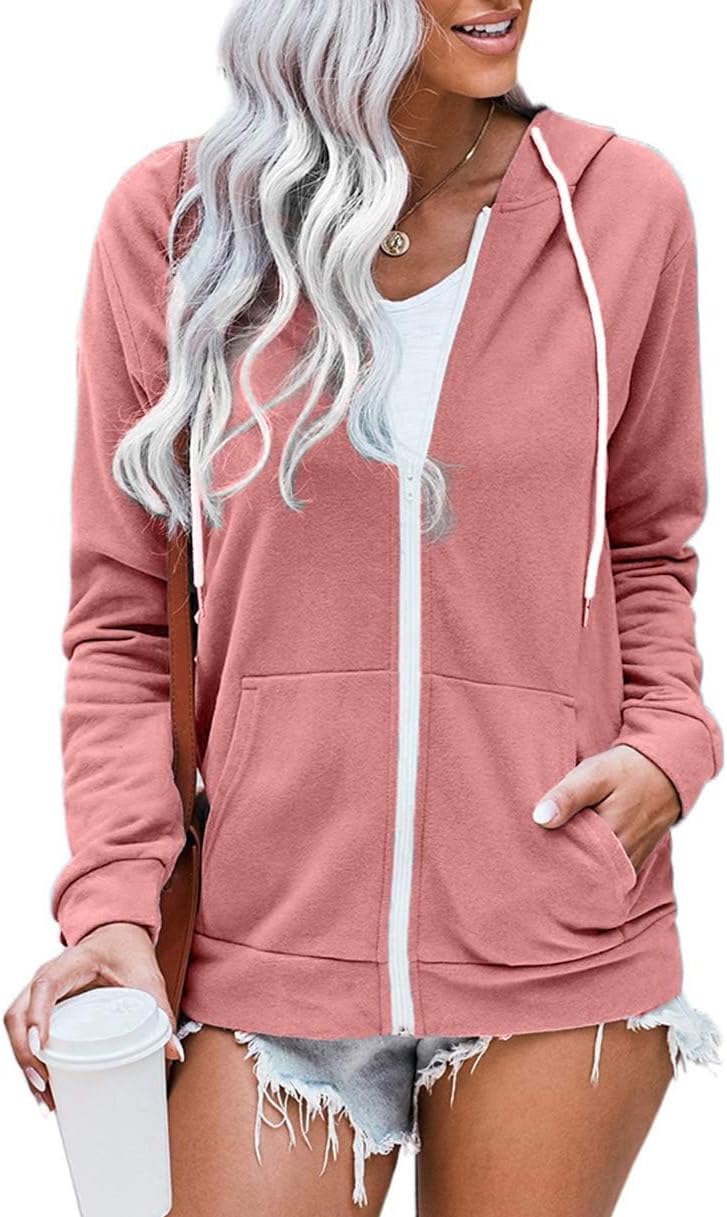 WROLEM Women Casual Full Zip Up Hoodie Comfy Loose Long Sleeve Sweatshirt Solid Color Jacket with Pockets