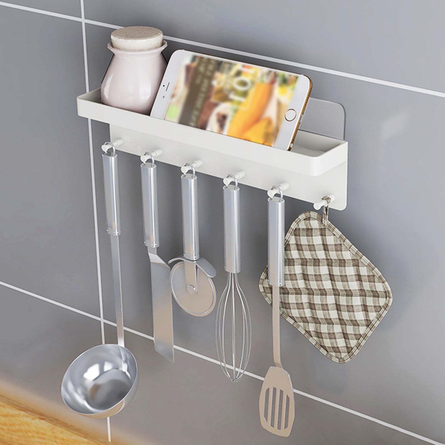Portachiavi Da Parete In Acciaio Inox Bianco – Adesivo Senza Fori, Con Gancio E Ripiano, Misura 25,1 X 6,7 X 4,7 Cm