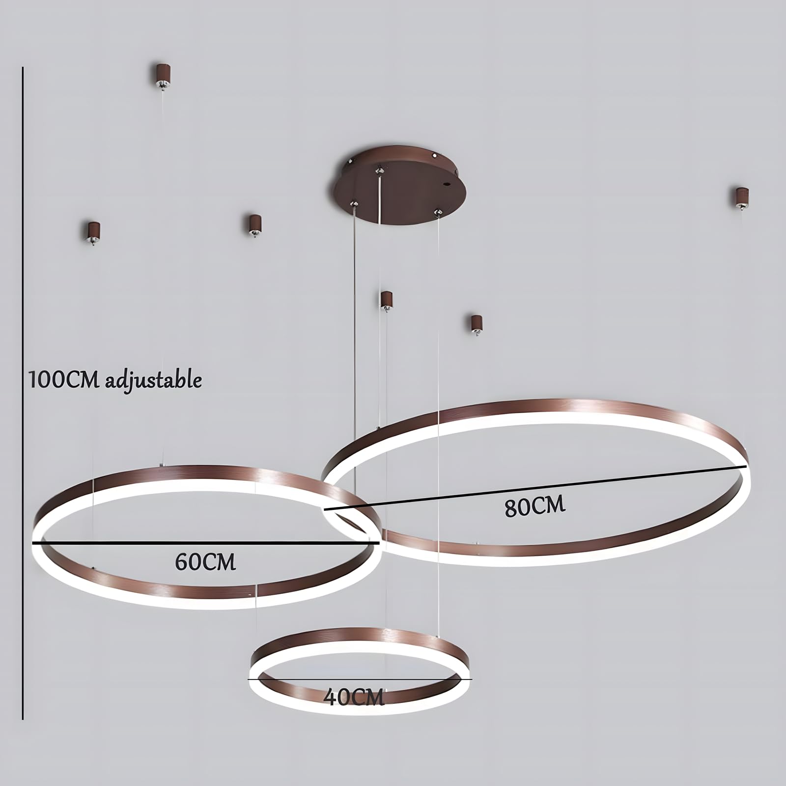Lustre LED en Métal | 3 Cercles 40+60+80cm | 90W Plafonnier Suspendu Avec Anneaux, Télécommande à Intensité Variable 3000-6000K, Abat-jour en Acrylique Salon Chambre Foyer Salle Manger【Brun】