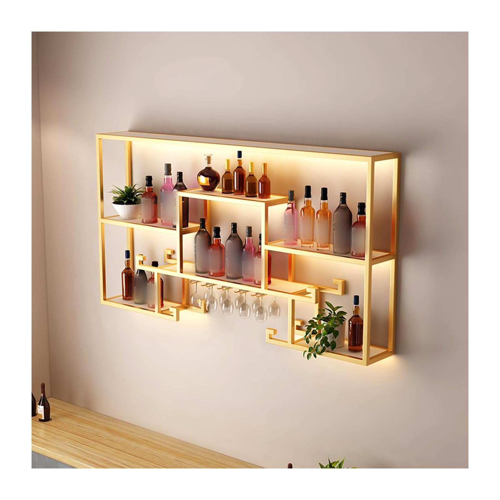 Étagère à vin murale LED 120cm pour illuminer vos bouteilles et verres dans la cuisine
