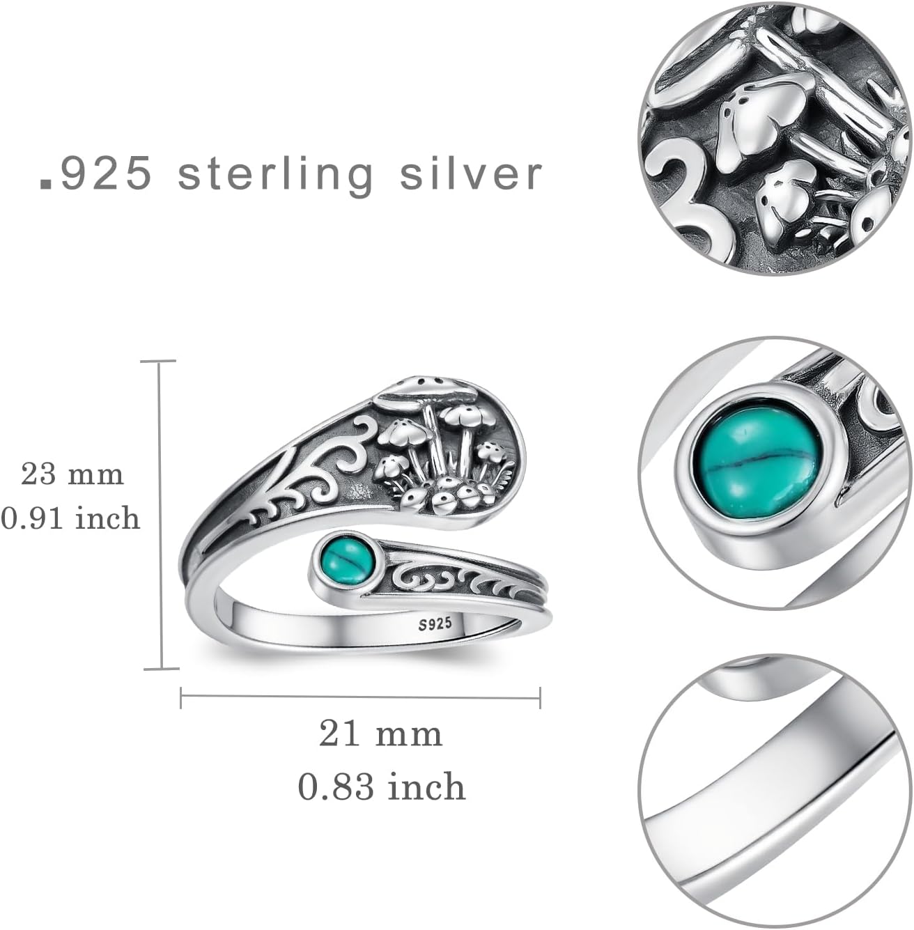 Mushroom Spoon Rings for Women 925 Sterling Silver Turquoise Mushroom Ring Vintage Thumb Ring Jewelry for Women Men - Image 4