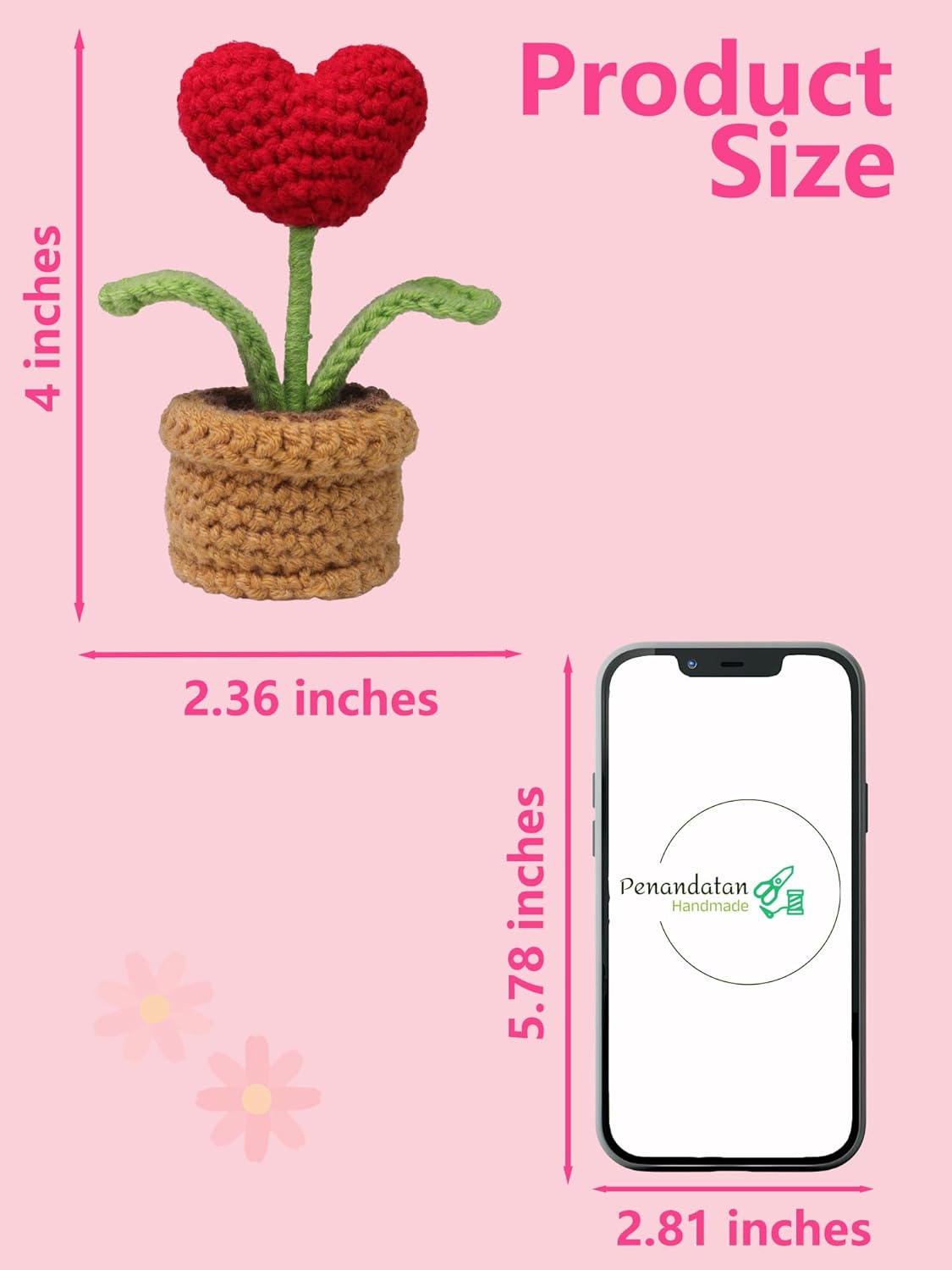 6 Pack Handmade Crochet Heart Flowers, Soft Cute Handcrafted Gifts Potted Decor for Classroom Prizes, Teacher Appreciation, Mother's Day Presents