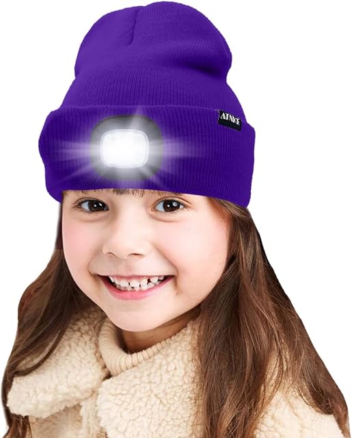 ATNKE Kids LED Lighted Beanie Cap, USB Rechargeable 4 LED Headlamp Waterproof Winter Warmer Knit Night Hats with Light for Boys Girls