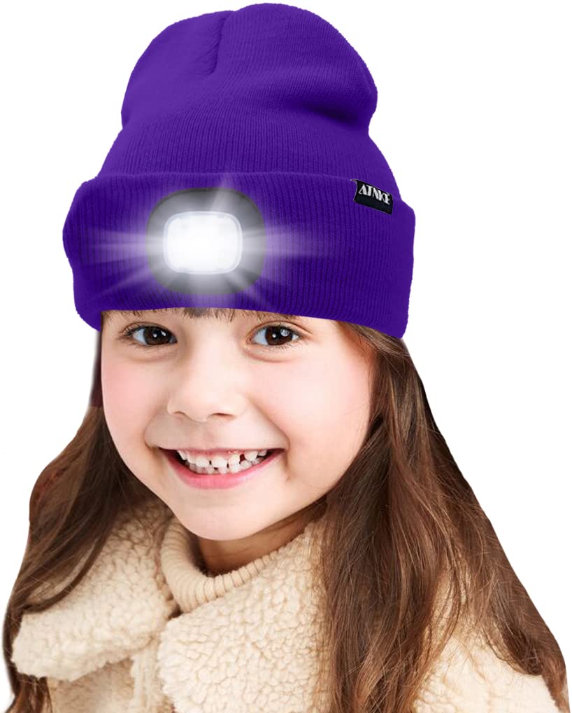 Atnke Boys Purple Kids Led Lighted Beanie Cap, Usb Rechargeable 4 Led Headlamp Waterproof Winter Warmer Knit Night Hats With Light For Girls